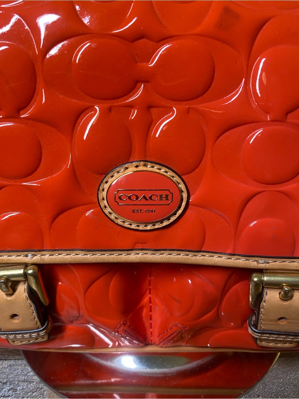 Coach Orange Patent Leather Signature Crossbody with Tan Trim - Picture 3 of 13